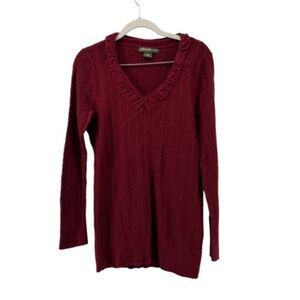 Eddie Bauer Cable Knit Sweater Ruffle V-Neck Long Sleeve‎ Burgundy Fisherman M